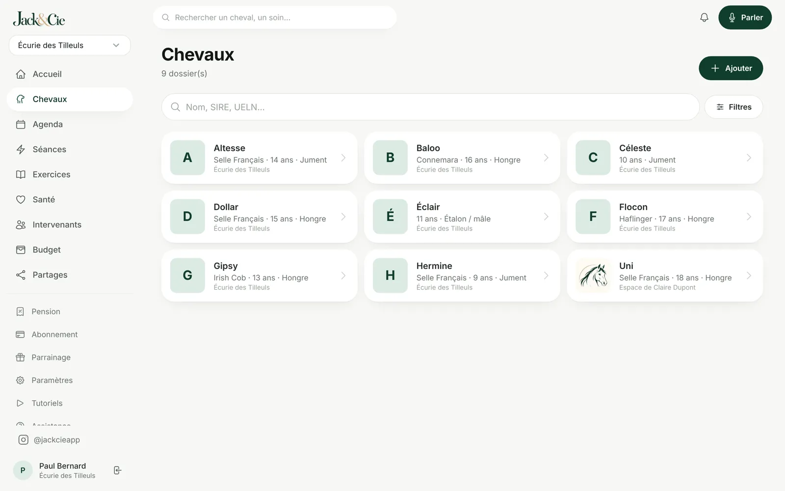 Liste des chevaux de l'écurie