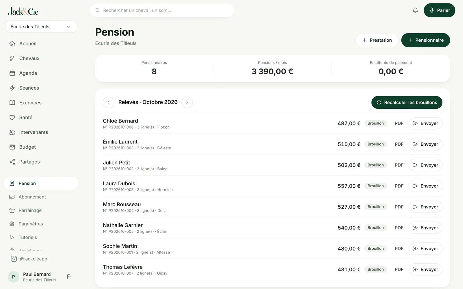 Pension sur ordinateur : relevés d'octobre par propriétaire, prêts à envoyer