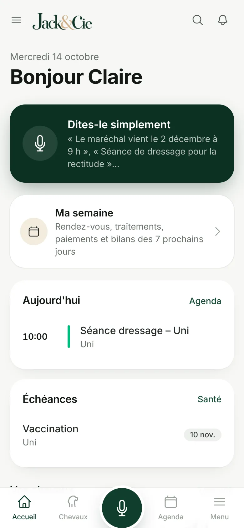 Accueil de Jack&Cie : séance du jour, échéances de santé et assistant