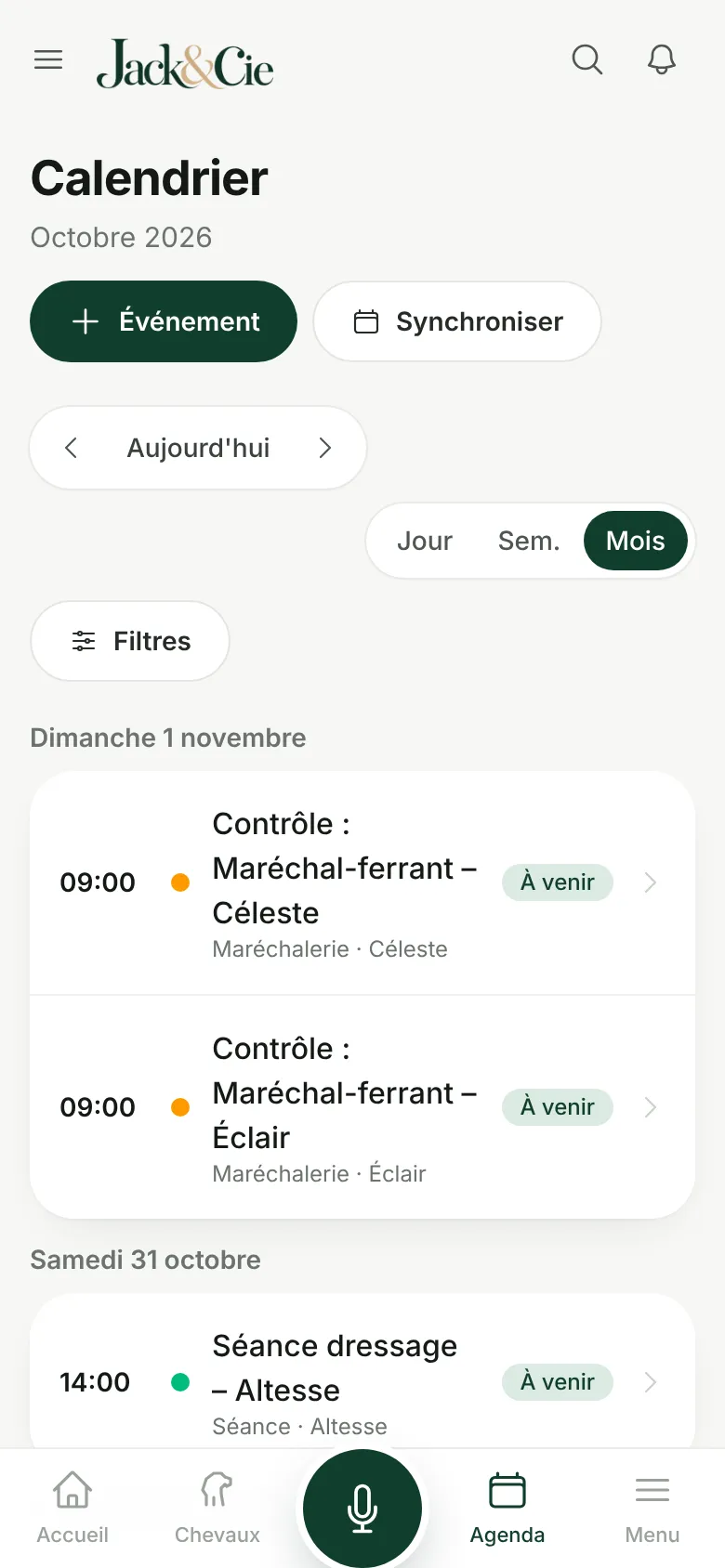 Agenda de l'écurie : contrôles du maréchal et séances