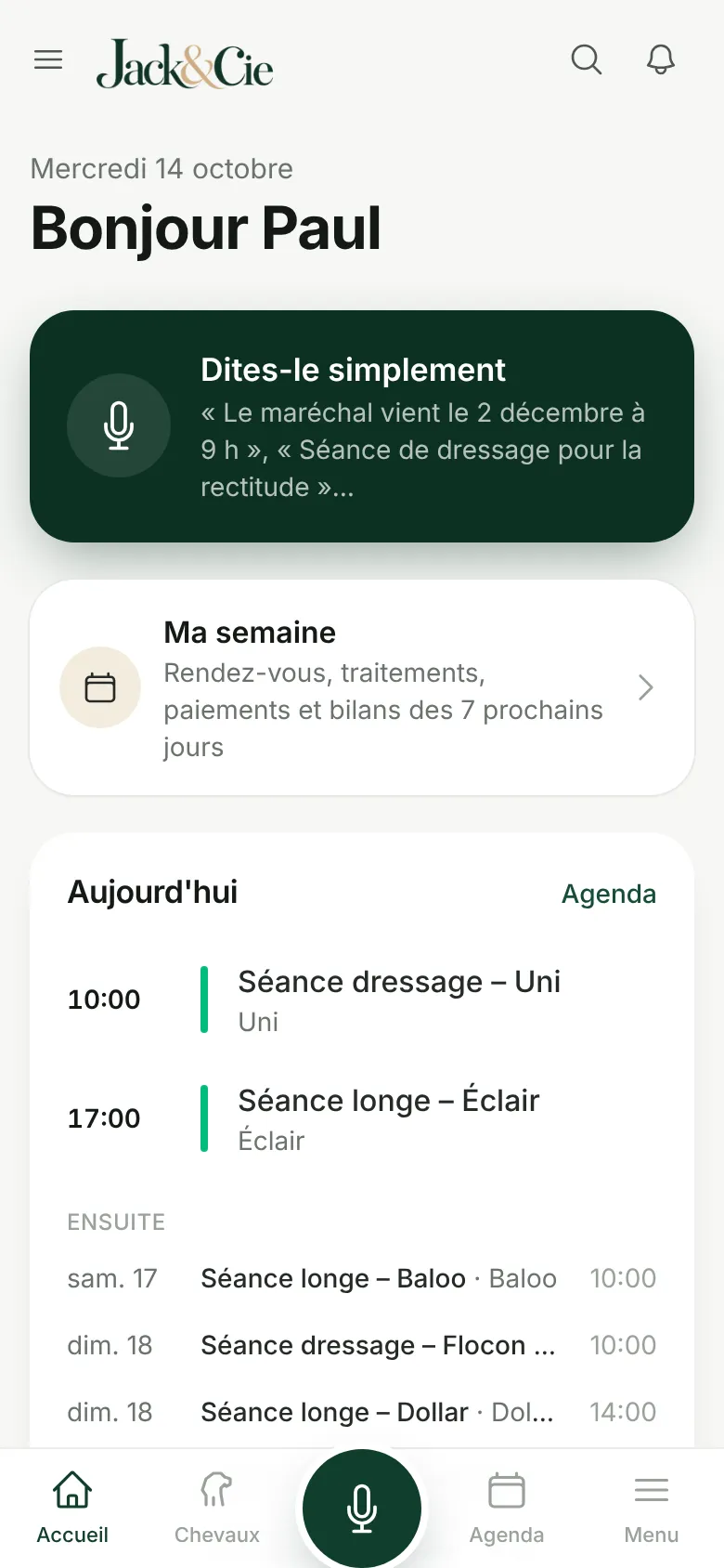 Accueil du gérant : séances du jour et à venir
