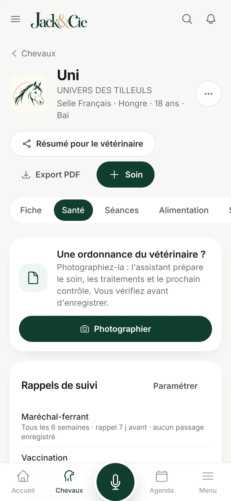 Onglet santé : ordonnance à photographier et rappels de suivi